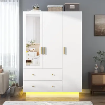 3 Doors Armoire Wardrobe Closet with Mirror, LED Closet Wooden Storage Cabinet with Hanging Rod,