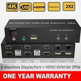 2 In 2 Out Dual Monitor HDMI DisplayPort KVM Switch 4K 60Hz DP USB KVM Switcher