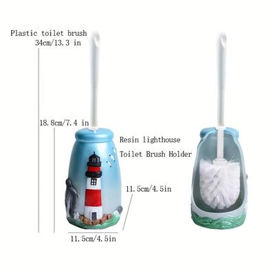 TEMU Ocean-inspired Lighthouse Toilet Brush And Holder Set - Compact, Space-saving Design With Easy , Deep Cleaning Bristles, Drip-proof Resin Stand For Bathroom Decor Image