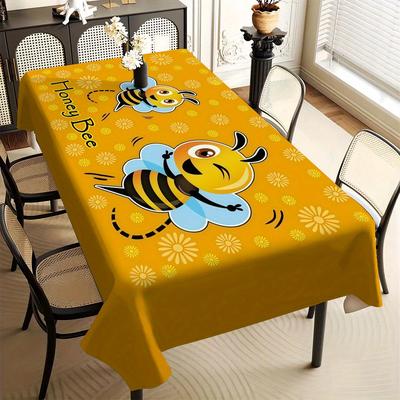 TEMU 1pc Bee-themed Square Tablecloth – Cartoon Bees On Yellow Background With Floral Patterns, Polyester Fabric, Picnics, Holiday Parties, And Kids’ Dining Room Decor, Bee Decor Image