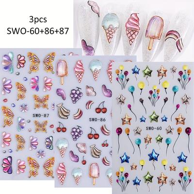 TEMU 3 Sheets Of Spring And Summer Embossed Ice Cream, Translucent , And Colorful Balloon Cartoon Nail Stickers, Swo-60+86+87 - Cute, Fantasy-themed, Glittery, Self-adhesive Decals For Nails, Nail Ar Image