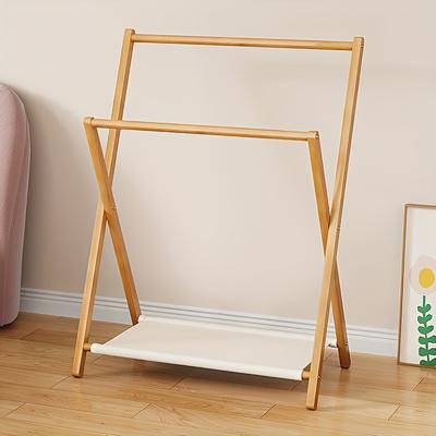 TEMU Foldable Wooden Clothes Rack For & - Space-saving Vertical Storage Organizer With Multiple Hooks, Polished Finish For Bedroom, Nursery, Closet Organization Image