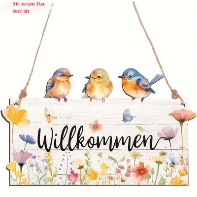 TEMU 1pc Rustic Wooden Welcome Sign With Colorful Birds & Flowers - 2d Acrylic Flat Design, Twine Rope For Easy Hanging, Spring Farmhouse Home Decor, Outdoor Garden, Or Doorway, House Decor Image