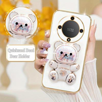 TEMU 1 Cute Quicksand Bear Holder + 1 Luxury Plated Case For Huawei Honor Magic 5, 6, 7, Magic6, , Lite Shockproof Stand Back Cover Magic7lite, Magic6lite Image