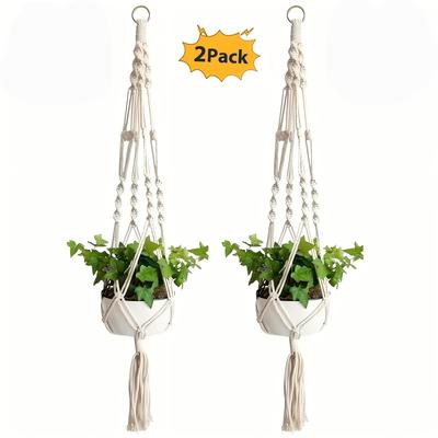 TEMU 2pcs Bohemian Macrame Plant Hangers - Handmade White Fabric Rope Baskets With Tassels, Irregular Shape For Indoor & Outdoor Home Decor, Patio, Lawn & Garden Image