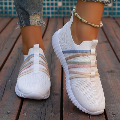 TEMU Women's Slip-on Casual Sneakers - Breathable Fabric Upper & Eva Sole, Pastel Striped Design, For Casual Attire, Cute Shoes Image