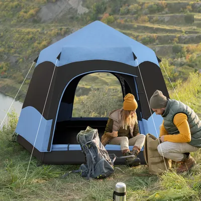 Outsunny Double Layer Dome Tent with Rainfly and Welded Floor, 4 Man Hexagon Pop Up Tent, Portable Camping Shelter