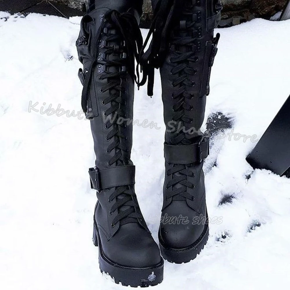 Lace-Up Chelsea Stiefel Kniehohe Echtes Leder Einfarbig Punk Rock Mode Elegante Sexy Taschen Frauen Schuhe Neueste runde Kappe