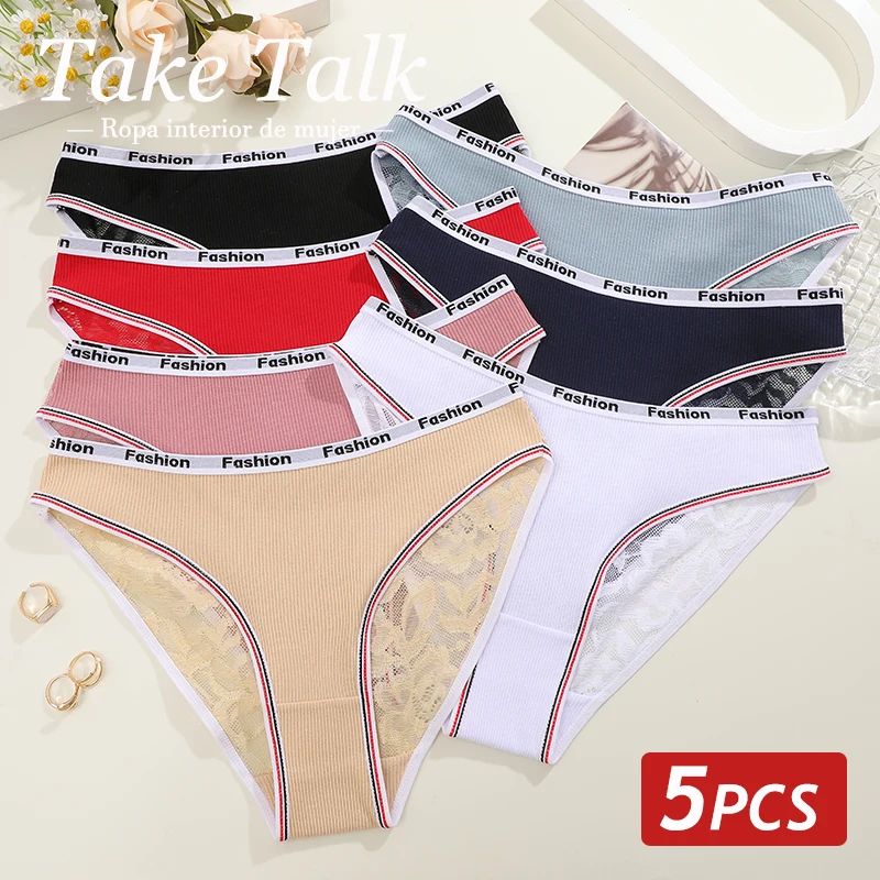 5 Teile/satz Frauen Baumwolle Höschen Sexy Brief Niedrigen Taille Slips Weibliche Spitze Perspektive Atmungsaktive Unterwäsche Damen Solide Dessous Image