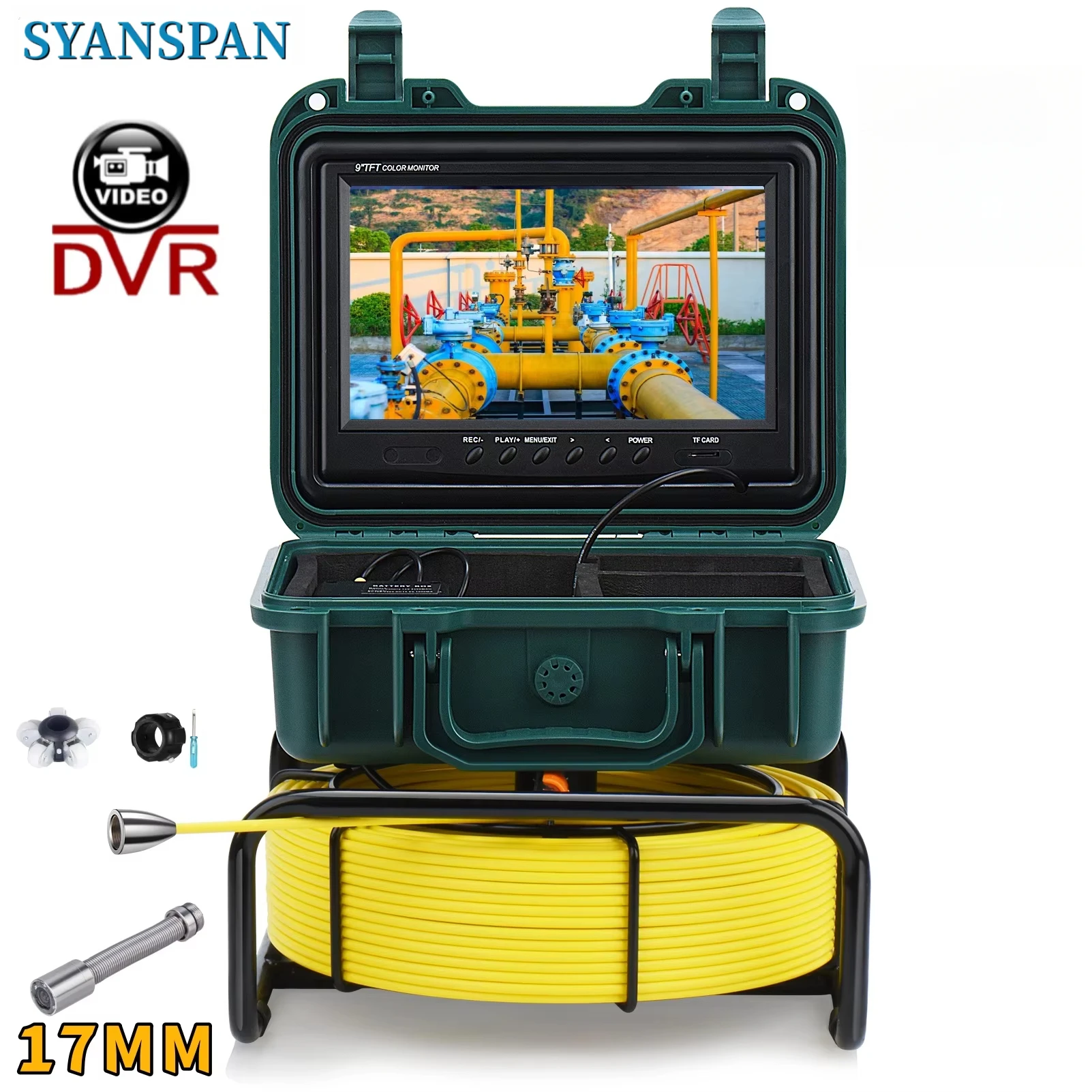 Industrielles Pipeline-Endoskop, 17 mm Kamera mit Riemenscheibe, 9-Zoll-DVR, LCD-Bildschirm, Inspektion und Fehlerbehebung, IP68 wasserdicht Image