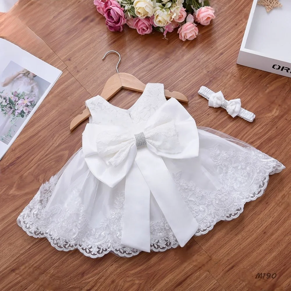 Weißes Spitzenkleid für Neugeborene mit Schleife und Stirnband, 100 Tage Baby-Taufpartykleid für Mädchen, Sommer-Fotoshooting, Fotografie-Outfits Image