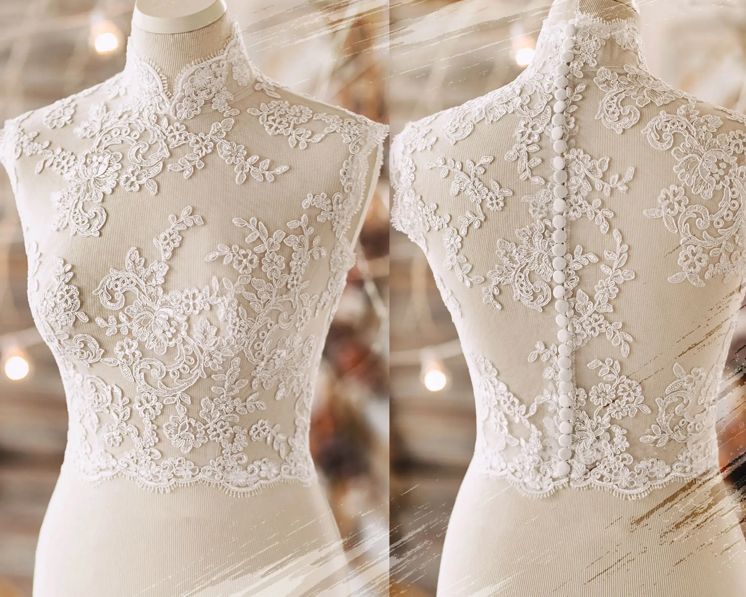 Ärmelloser Hochzeitsschal, Brautbolero, Spitzenapplikationen, Stehkragen, Braut-Hochzeitsjacke, Brautmantel, Hochzeitsaccessoires nach Maß Image