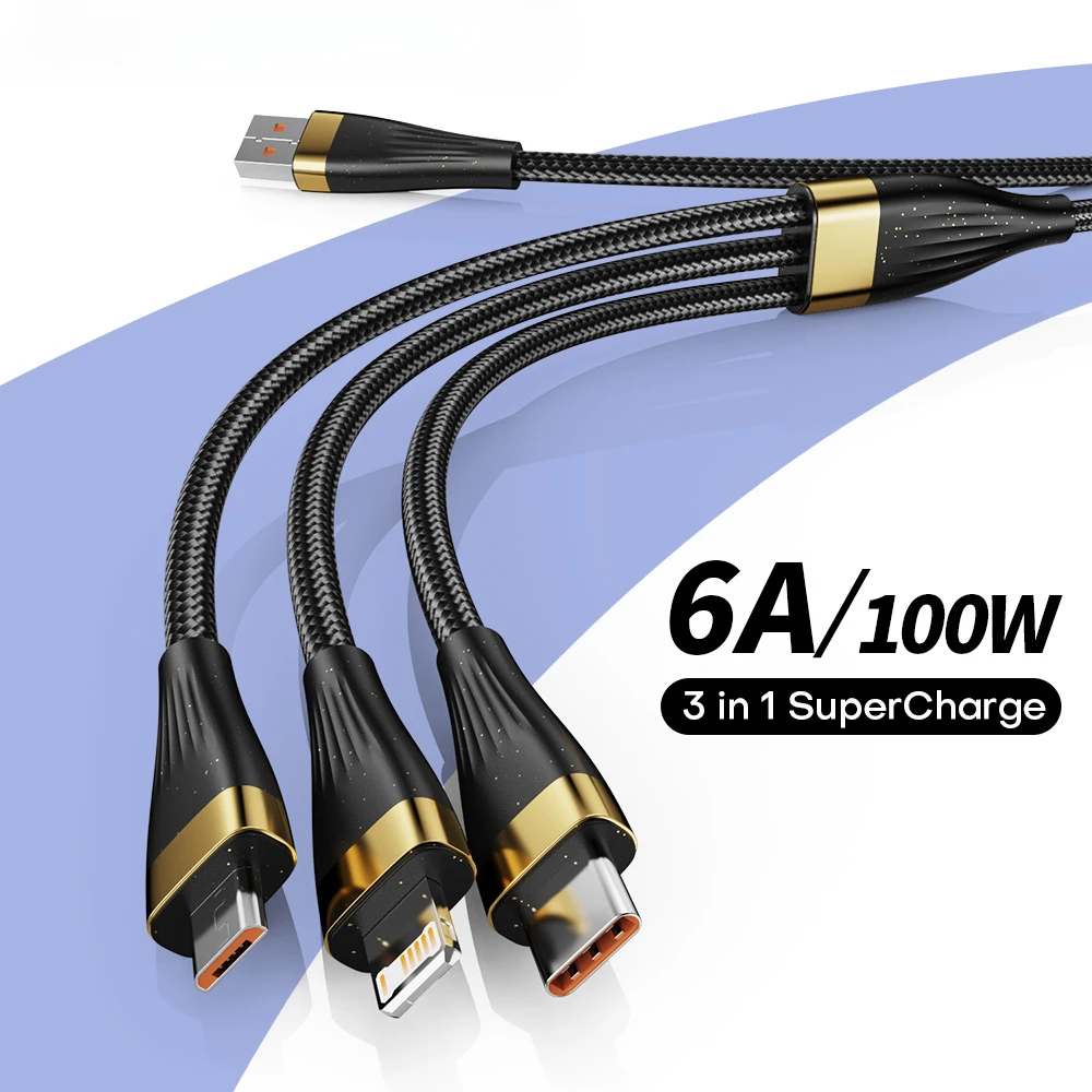 3 IN 1 Typ C Kabel 100 W 6A Micro USB Schnelle Lade Datenkabel Linie Für IOS Xiaomi 16 Pro Huawei P60 Redmi Oneplus Realme OPPO Image