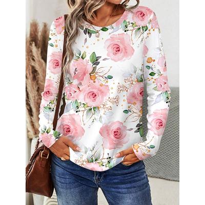 Women's T shirt Crew Neck Long Sleeve Tunic Floral Graphic Casual Regular Tops Daily Print Pink Spring Fall