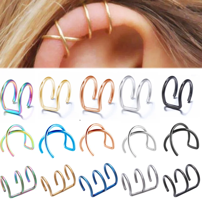 2PCS Stainless Steel Fake Ear Piercing Cartilage Earring Set Clip On Fake Tragus Piercing Earring Ear Clips Earings No Piercing
