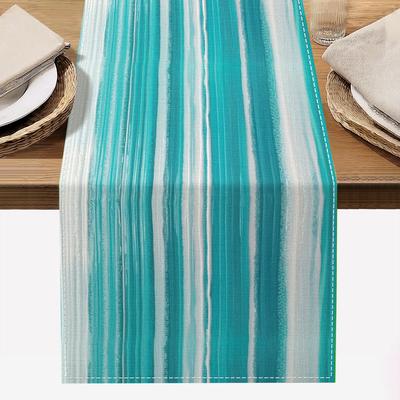 TEMU 1pc Polyester Table Runner - Woven Rectangular Dining Decor With Ocean Gradient For Summer Beach Theme, Holiday Parties Image