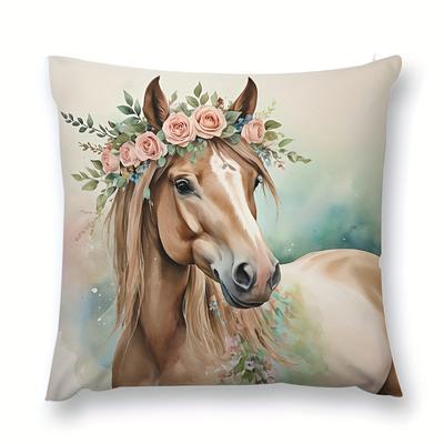 TEMU 1pc Floral Crown Horse Head Throw Pillow Cover, 18x18 Inch, Polyester Decorative Cushion Case For Home, Office, Sofa, Bed, Car - Single-sided Print, No Insert, Decorative Pillows Image