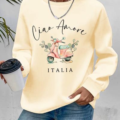 TEMU Women's Casual Crew Neck Sweatshirt, Polyester Knit Fabric, 250g/m², With Italia Cartoon Scooter Print, For Spring/fall Image