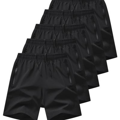 TEMU 5pcs Men' Quick Drying Shorts, Casual Non Stretch Elastic Waist Drawstring Shorts For Summer Gym Workout Training Image