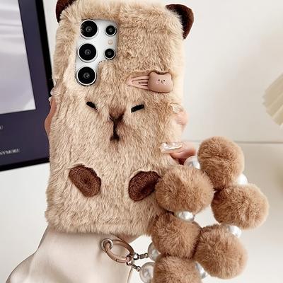 TEMU Plush Hairpin Capybara Bracelet Lanyard Phone Case, Suitable S24/s24plus/s24ultra/s23/s23plus/s22/s22plus/s22ultra Autumn And Winter Plush Wristband Phone Protective Case Image