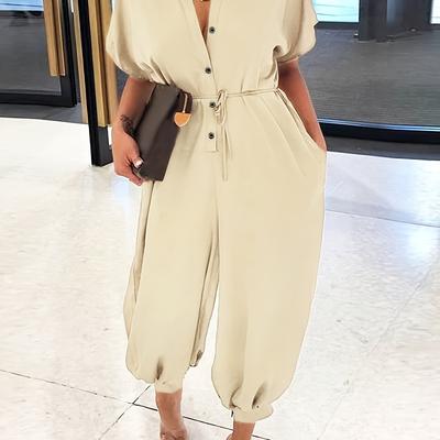 TEMU Women's Beige Wide-leg Jumpsuit With Button-up Front And Tie Waist - Spring/summer, Casual Attire, Casual Attire|wide Leg Jumpsuit|tie Waist Detail Image