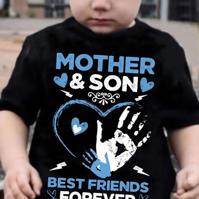 "TEMU Day "mom And Son" T-shirt - Boys' Casual Black Short Sleeve Tee With Blue Design, Day Gift, Everyday , Youth Fashion Top, Boys T Shirt" Image