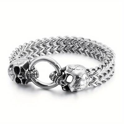 TEMU Men' Steel Skull Bracelet - Punk Style Mesh Chain With Shiny Head Charm, Gothic Fashion Jewelry For Or Gift Image