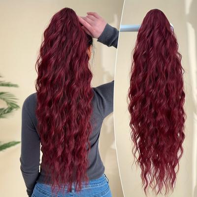 "TEMU 28" Burgundy Water Wave Ponytail Extension - Heat-resistant Synthetic Hair For Women, Natural Look, & Styling, Hair Accessories" Image