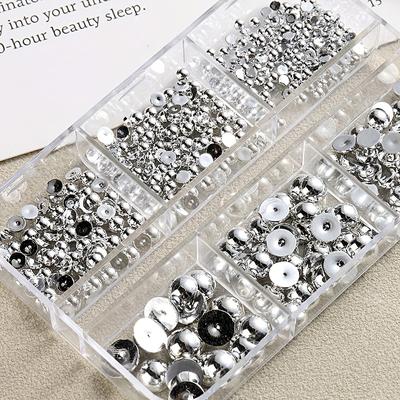 TEMU 6 Grids Half Round Golden+silvery Abs Nail Charms Metallic Flat-back Beads Ball Mixed Size Nail Beads Diy Nail Stones Nail Supplies Image