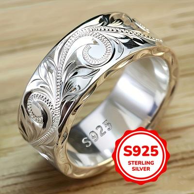TEMU Bohemian Style S925 Pure Silvery Carved Ring, Vintage Jewelry, Exquisite Day Gift, Wedding Anniversary Bridesmaid Gift Image