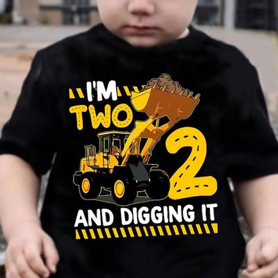 "TEMU Summer Fun! ' Excavator Graphic T-shirt - "i'm 2 And Digging It" Design, Short Sleeve Crew Neck, With Orange Accents, Boys 1-8 Years Old" Image