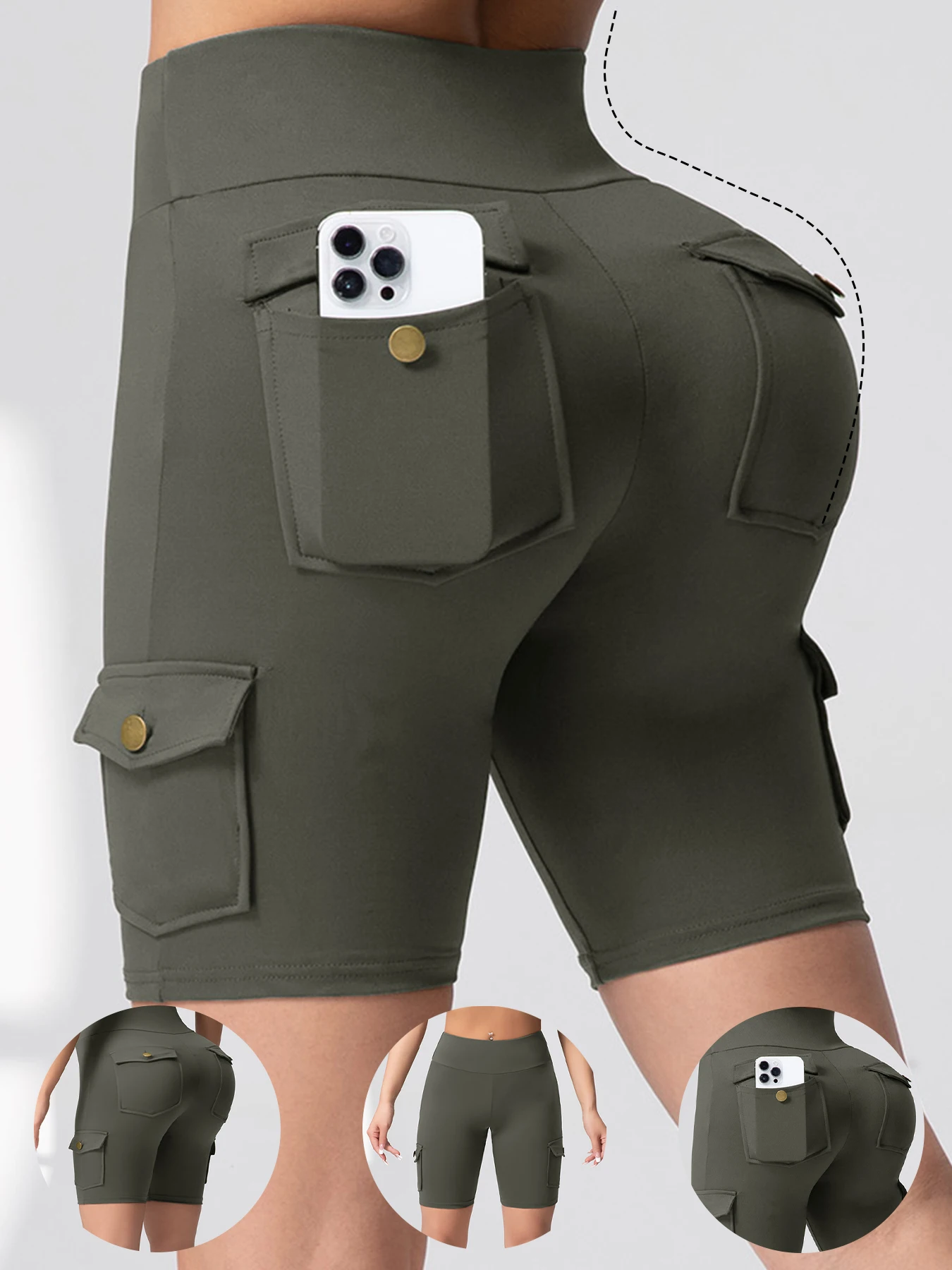 Einfarbige Damen-Shorts mit mehreren Taschen, Po-Lifting, Arbeitskleidung mit mehreren Taschen, 5-Port-Hose, elastische, schlanke Fitness-Strumpfhose, Radsport-Shorts Image