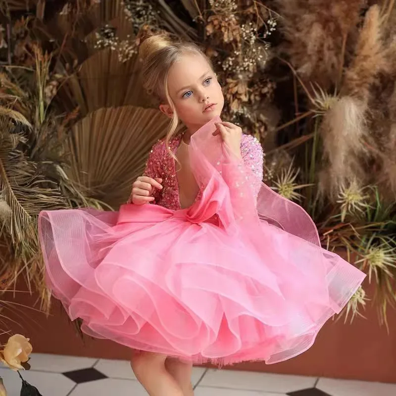 Mädchen Luxus Langarm Pailletten Festzug Kleid für Kinder Hochzeit Geburtstag Party Erstkommunion Puffy Ballkleid Prom Puffy Kleid Image