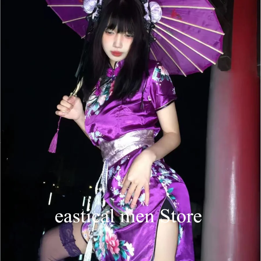 Cosplay China Puppe Qipao Druck Blume Cheongsam Mädchen Y2K Sexy Mini Chinesischen Stil Kleider Lila Kung Fu Kostüme Plus Größe 6Xl
