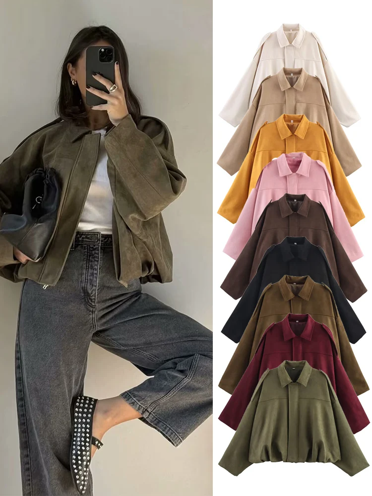 TFMLN Frauen Wildleder Bomber Jacke Frühjahr Neue Mode Lange Sleeve Zipper Oversize Solide Bomber Mantel Chic Dame 2025, Streetwear