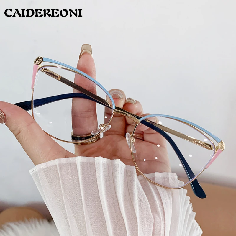 CAIDERONI Trend Cat Eye Frauen Mode Anti Blau Licht Metall Gläser Schmetterling Angepasst Objektiv Lesebrille Frauen Kurzsichtig 25062 Image