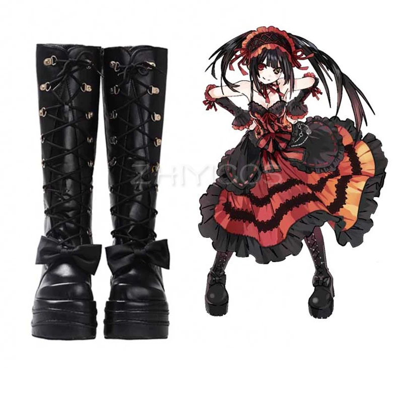 Anime DATE A LIVE Tokisaki Kurumi Cosplay Schuhe Lolita Schuhe Frauen Mädchen Halloween Cosplay Stiefel High Heels Schwarz PU Leder