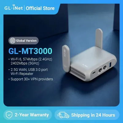GL.iNet GL-MT3000 (Beryl AX) Wi-Fi 6 Wireless Travel Gigabit Router, Connect Public & Hotel Wi-Fi,