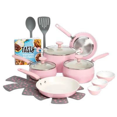 Clean Ceramic 16 Piece Non-Stick Aluminum Cookware Set, Pink