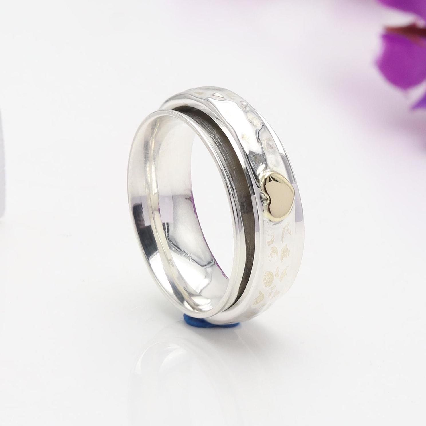 Anello antistress, anello in argento sterling, anello girevole, anello girevole a forma di cuore, anello bicolore, anello antistress, anello per il po