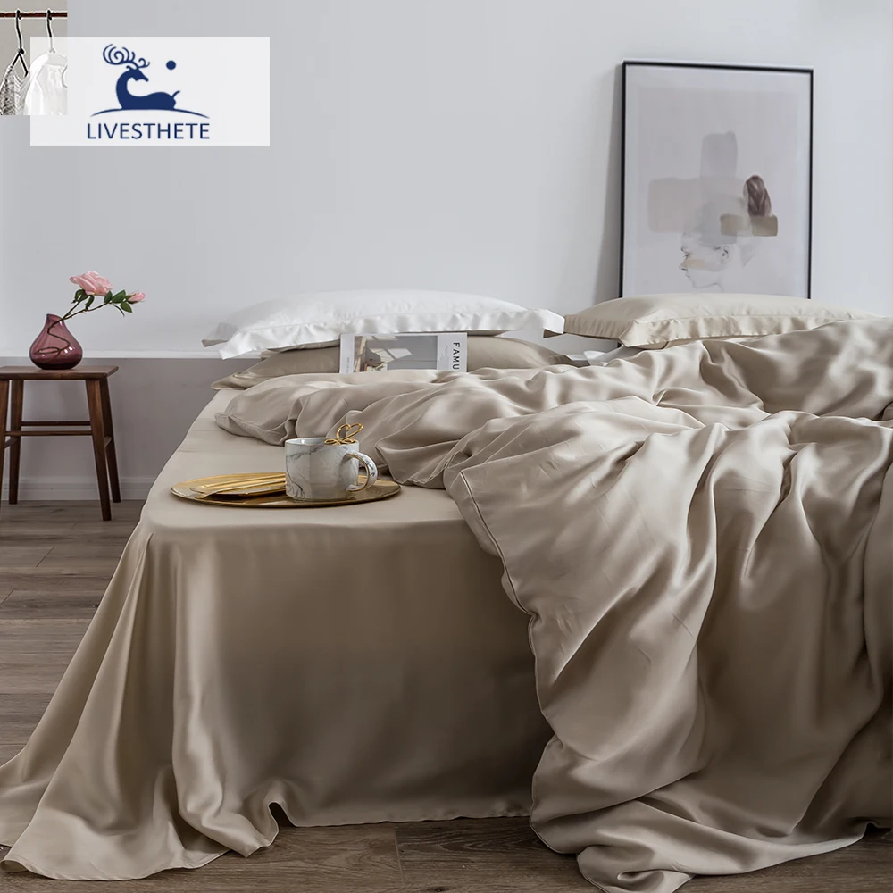 Liv-Esthete Set biancheria da letto in seta 100% Set lenzuola in seta di gelso di alta qualità Copripiumino di bellezza Lenzuolo piatto Federa Set letto Queen King