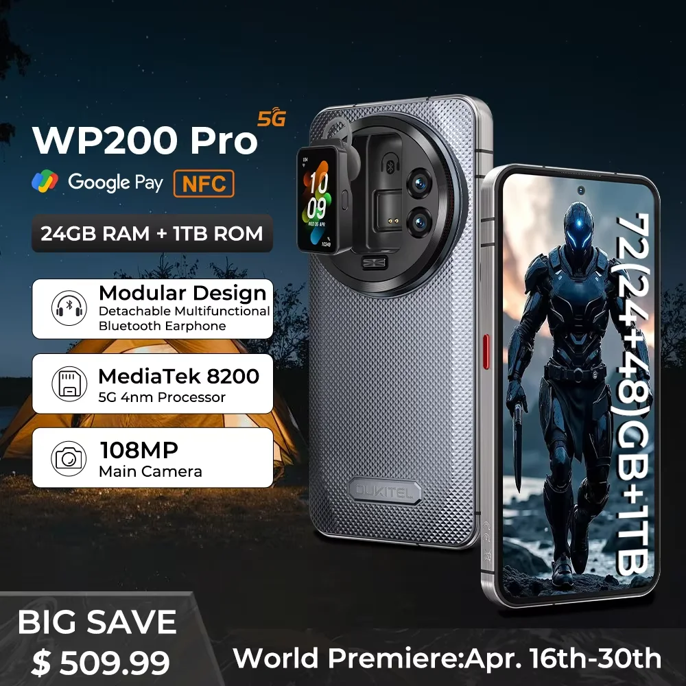 Oukitel WP200 Pro 5G modulaire robuste téléphone détachable écouteur-SmartWatch 72GB + 1TB MTK8200 Smartphone 108MP caméra
