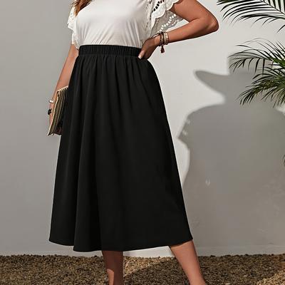 TEMU Plus Size - Plus Size Black A-line Skirt With Elastic Waistband - Loose Fit, Style, Casual To Formal Wear, Versatile Solid Color, Casual Summer Skirt | Aline Skirt | Nonstretch Fabric Image