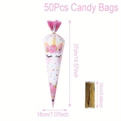 TEMU 50-pack Candy Bags With Twist Ties, 37x18cm, Plastic Triangle Gift Packaging For Birthday, Baby Shower, Theme Party Decorations Image