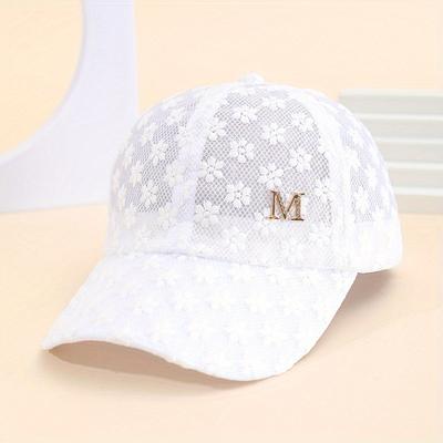 "TEMU 1pc Elegant Floral Lace Baseball Cap For Women - Breathable Mesh Back, "m" Letter Design With Accent, Lightweight & Stylish For Urban Travel, Valentine’s Day, Or Casual" Image