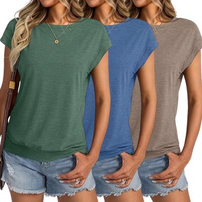 TEMU 2025 European And American Elegant Fashion Casual Summer Basic Short Sleeve Round Neck Cover Sleeve T-shirt Three-piece Set For Women Image
