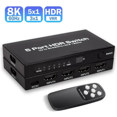 5-Port 8K HDMI Switch 5 in 1 out HDMI 2.1 Switcher Selector 3x1 Video Converter with Remote 4K@120Hz HDR HDCP2.3 for PS5/4 PC TV