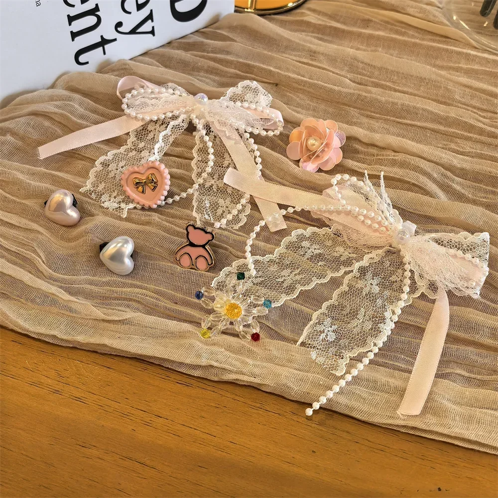 Neue rosa Perle Spitze Bogen Schnürsenkel Charms für Sneakers Dekorationen Blume Bär Liebe Schuh Charm Schnalle DIY Schuhe Zubehör 1PCS