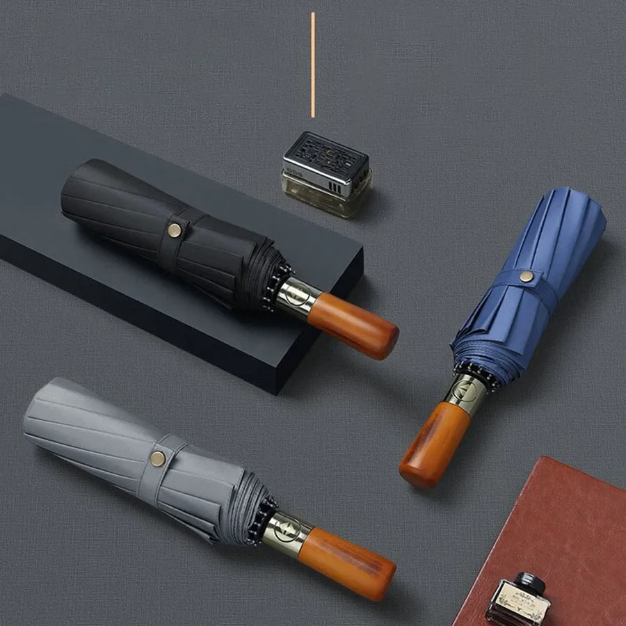 Automatischer wetterfester großer 12-Knochen-Regenschirm mit Holzgriff, Sonnenschirm mit UPF50+Schutz, Sonnenschutz Image