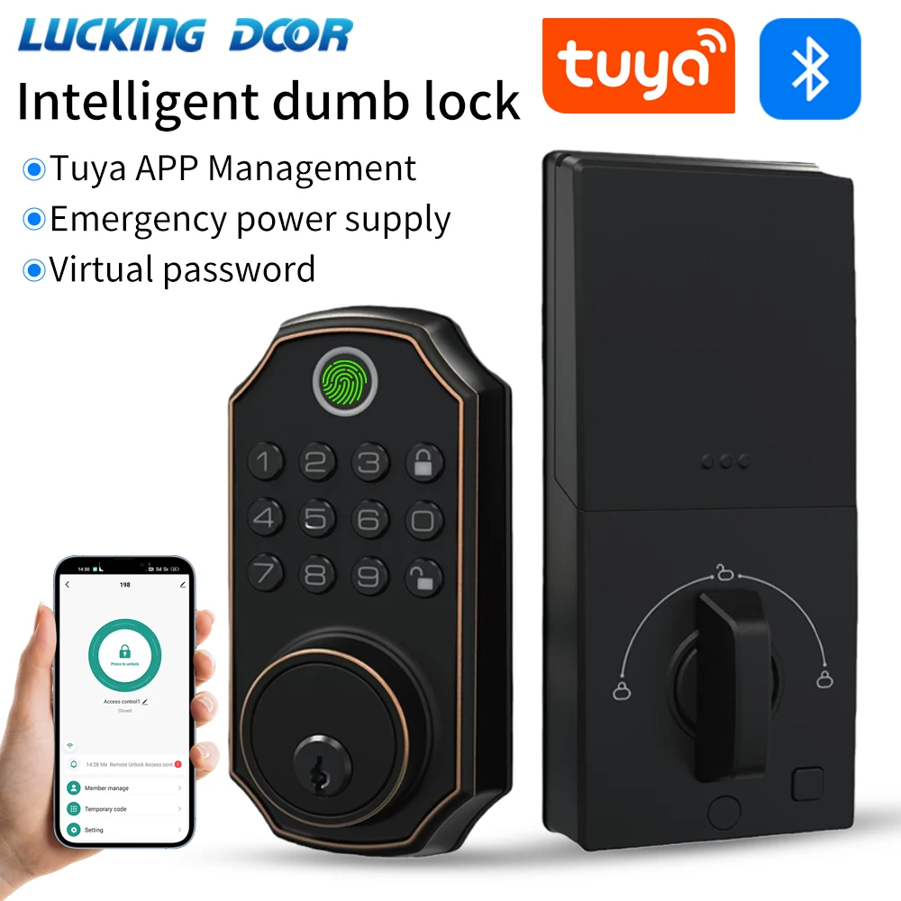 Fingerabdruck-Smart-Riegel-Türschloss, elektrisches schlüsselloses Zugangsschloss für Haustür, physikalischer Schlüssel, Telefon, Entsperren der Bluetooth-Tuya-App